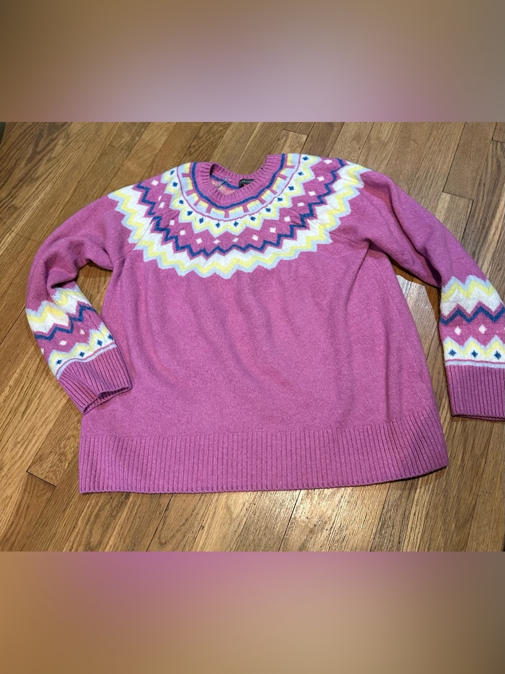 Vince Camuto Pink Fair Isle Crewneck Sweater with Multicolor Yoke